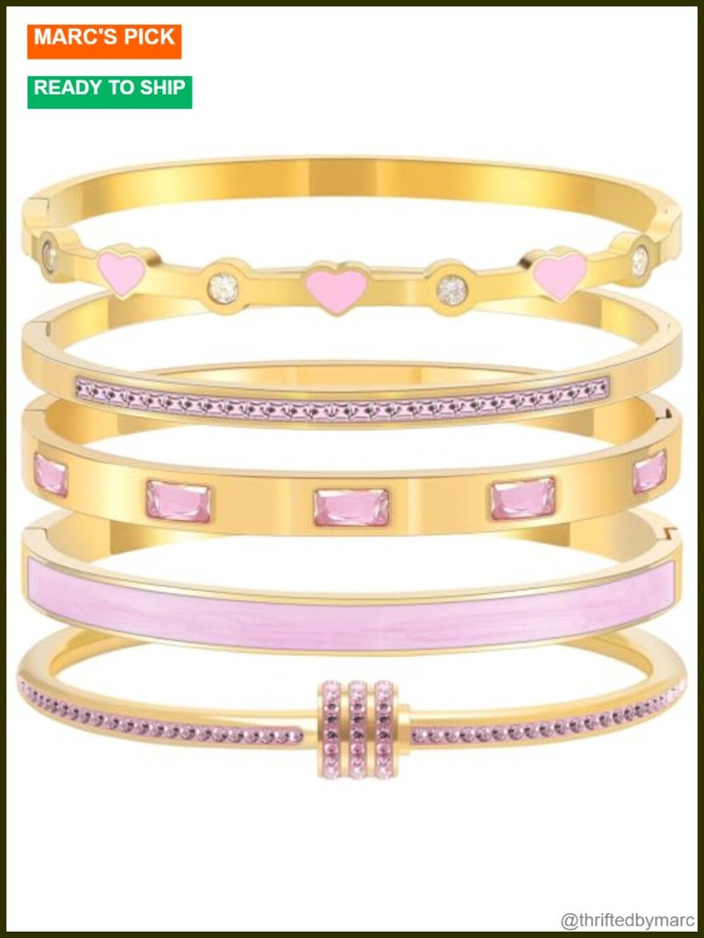 18K Gold Plated Stainless Steel Heart Bangle Bracelets Set Stackable